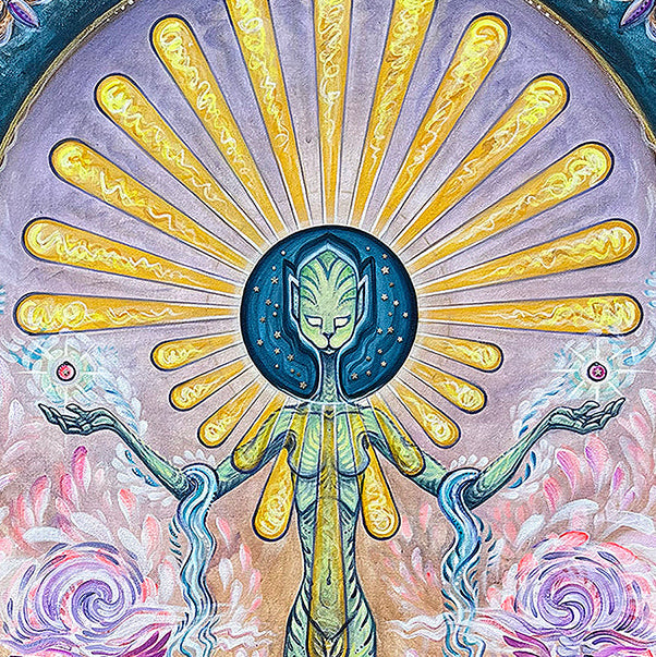 Cosmic Mother fine art print: Abstract, blue-faced figure before gold rays, radiating mystical luminous energy.