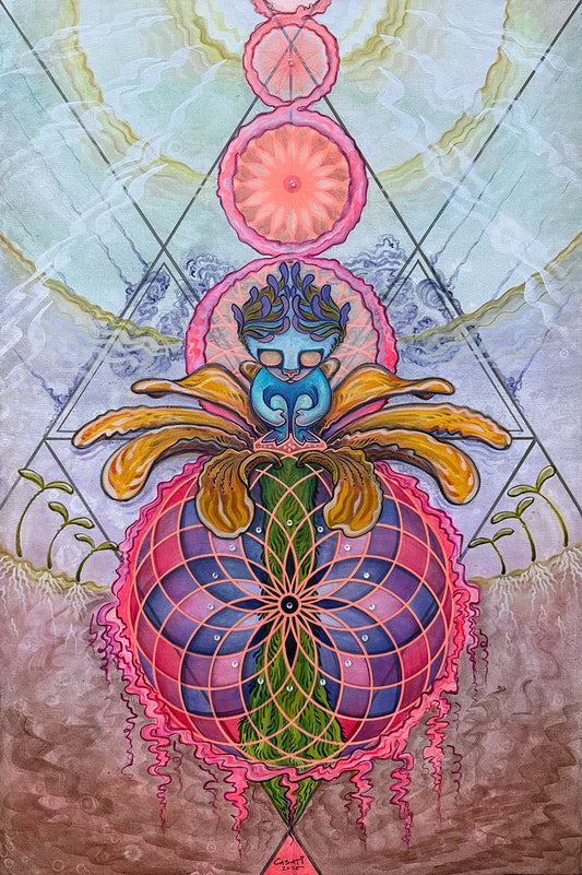 A detailed view of the ‘Flower Child’ fine art print, showing vibrant floral and cosmic geometry in rich, uplifting colors.