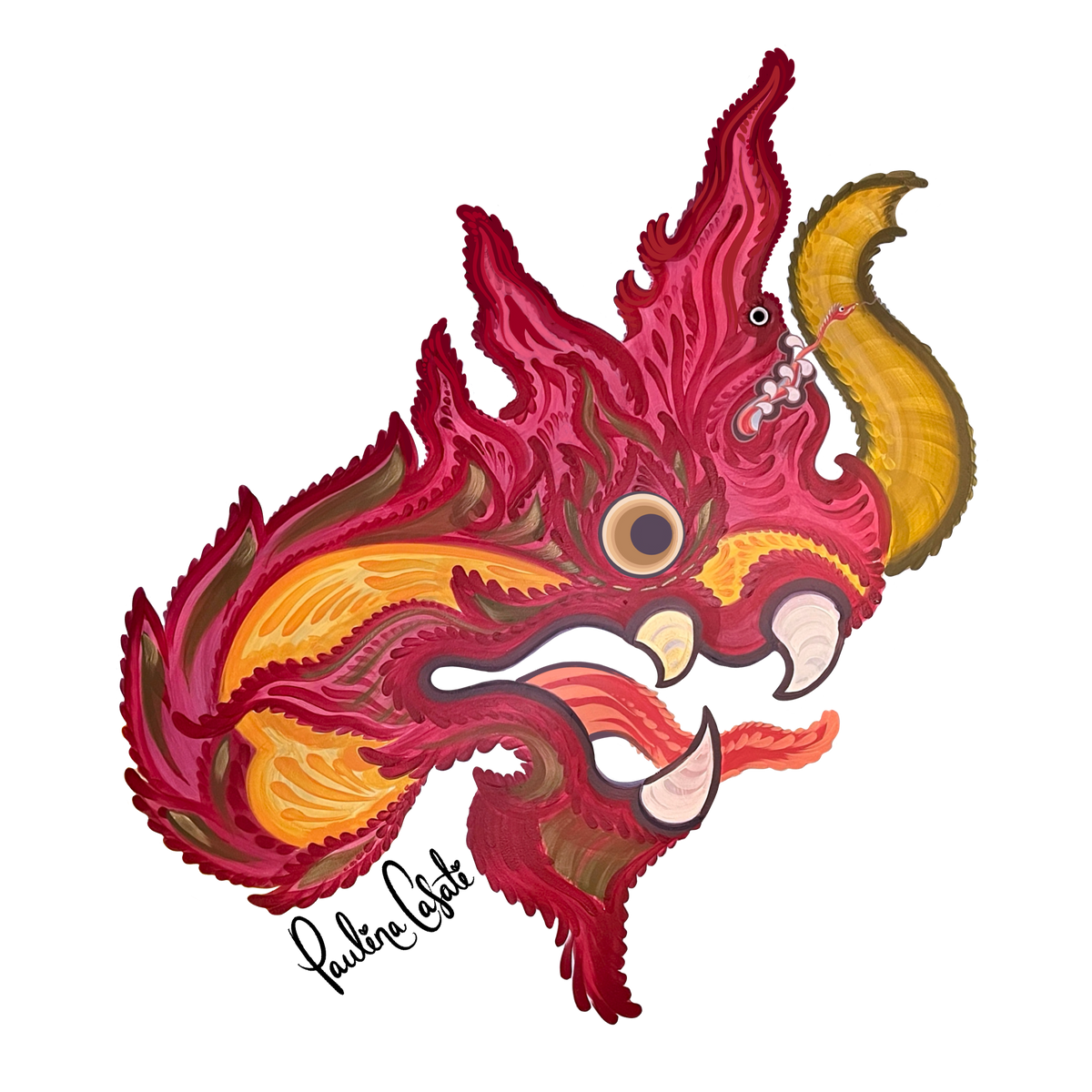 Guava Kava Makara mirrored sticker with a vivid, psychedelic dragon head—sharp teeth, horns; Pauline Cabot signature below.
