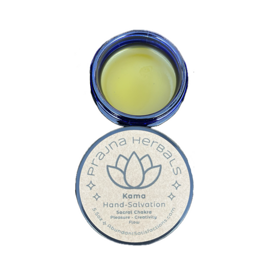 Blue jar of Hand-Salvation Chakra Botanical Salve with lid off, showing yellow balm inside against a plain background.