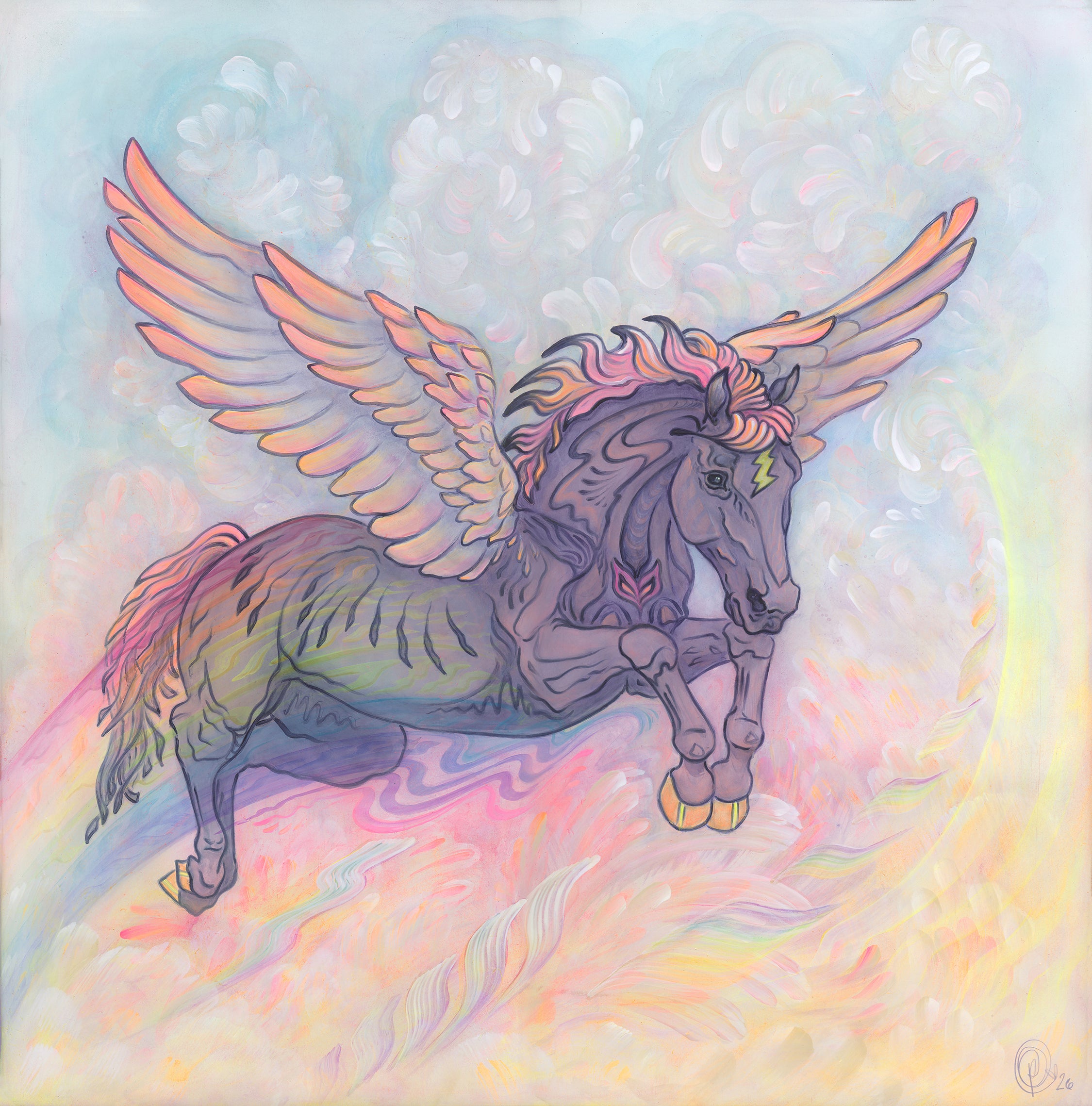 A mystical dark horse with gold hooves, colorful wings, a forehead lightning bolt, and a purple chest gem soars through swirling pastel clouds under a visionary sky.