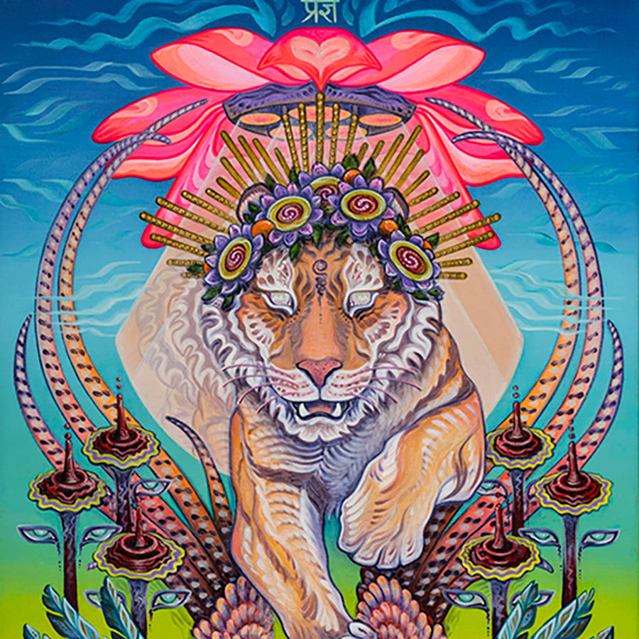 A psychedelic tiger with a floral crown, radiant halo, and pink ribbon above its head is framed by surreal ornate patterns and vivid abstract shapes on a colorful background.
