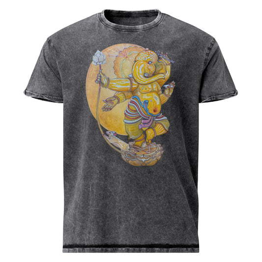 Black tee featuring mystical Ganesh art with staff, set on a yellow circle background; Ganapataye vintage wash.