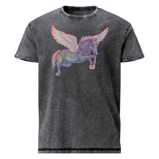 Into the Light black acid-wash tee with a vibrant, mystical winged horse graphic in visionary, colorful tones.