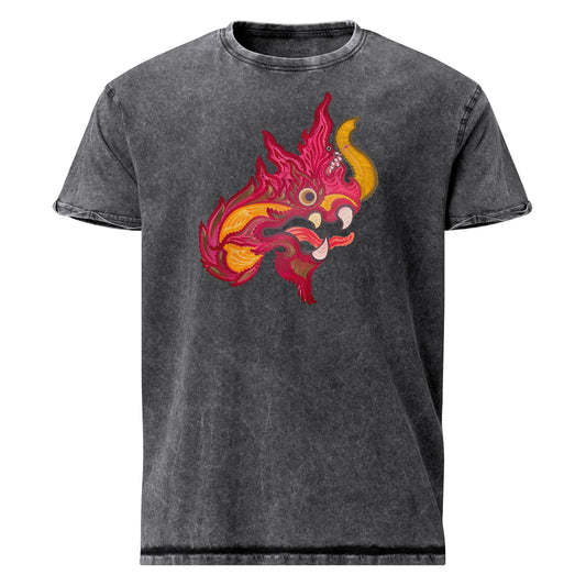 Black vintage wash tee with bold red and yellow abstract dragon graphic in a visionary, psychedelic style.